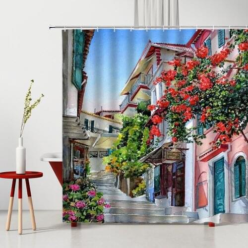 American Flower Street View Shower Curtains Hand-Painted Building Scenery Polyester Home Decor Washable Bathroom Partition Set