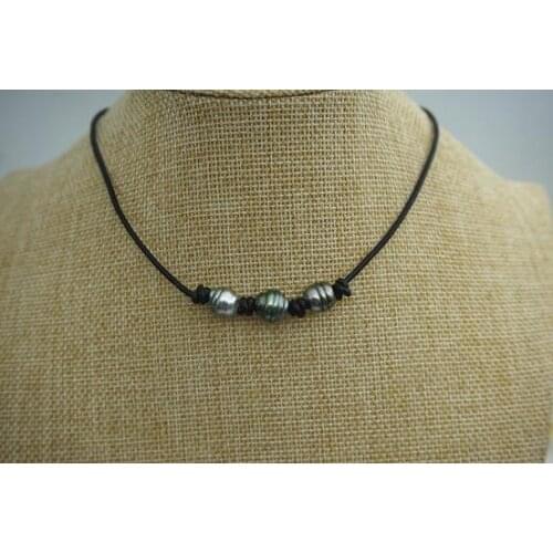 Handmade Black Leather Natural Pearl Jewellery Black Color Big Rice Freshwater Pearl Necklace New Free Shipping