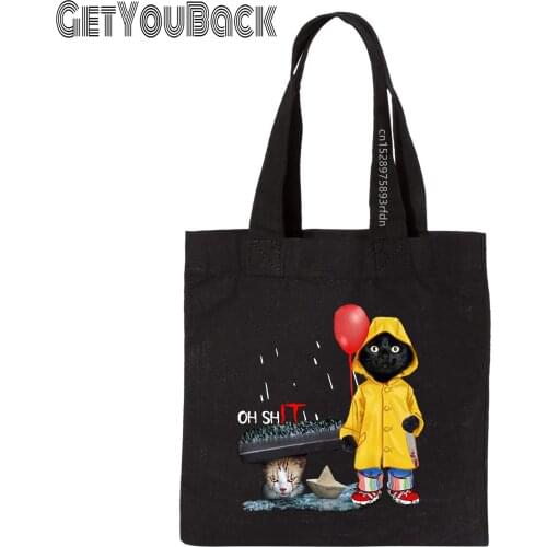 Black Cat Oh Shit Cat Pennywise It Black Shopping Bag Women Eco Large-Capacity Canvas Shoulder Bag,Drop Ship
