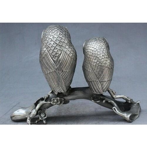 Decoration Tibet copper silver Chinese Fengshui Silver Auspicious 2 Night owl Owls Animal Plum blossom Statue
