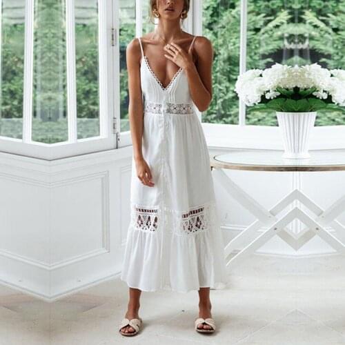 Womens Elegant White Dress V-neck Lace Hollow Out Dress Suspender Party Dress For Women Backless A-Line Robe Femme Vestidos