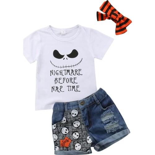 Toddler Baby Girls Summer Lovely Halloween Clothes Sets 3PCS Short Sleeve Print White T-Shirts Tops+Denim Shorts+Headband