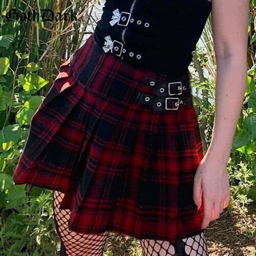 Goth Dark Plaid Gothic Punk Pleated Skirt Grunge High Waist A-line Sexy Women Mini Skirt Harajuku Belt Zip Patchwork Streetwear