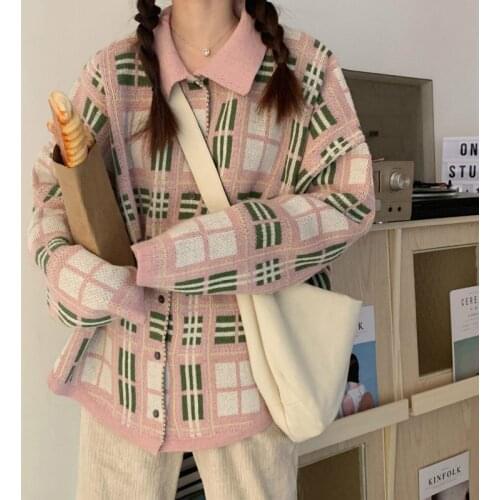 Women Autumn Winter Plaid Long Sleeve Sweater Turn-down Collar Loose Plus Size Knitted Cardigan Coat Casual Outwear
