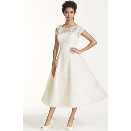 Ankle Length Cap Sleeve Illusion Applique Lace With Crystals Short Sleeves Bridal gown vestido de noiva 2018 bridesmaid dresses