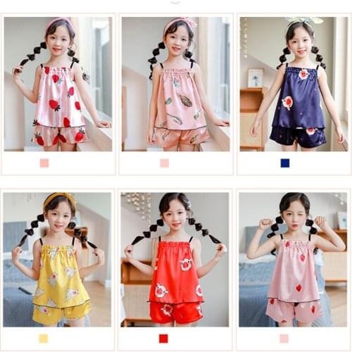 Summer Girl Pajamas 2020 New Cartoon Strawberry Sleeveless Sling Silk Sleepwear Suits 3-12Y Fashion Child Teenager Clothes Set
