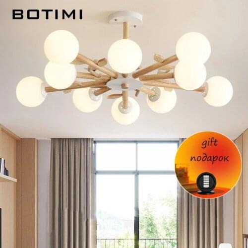 BOTIMI Natural Wood Chandelier With Round Glass Lampshades For FoyerBirds Wooden Bedroom Lighting Modern Hanging Dining Lamps
