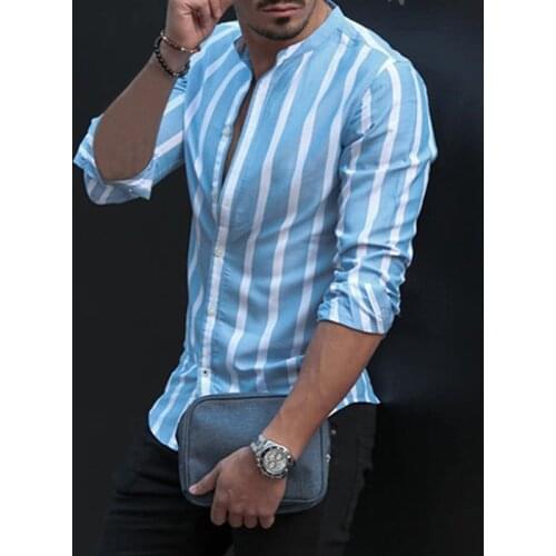 2021 Para Hombre European American New Mens Stand Collar Striped Long Sleeve Shirt Casual Fashion Mens Clothing