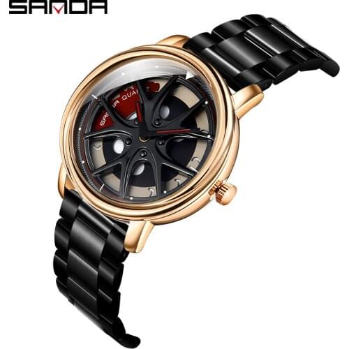 SANDA High Quality Stainless Steel Strap Men Watch Premium Quartz Movement Wheel Shaped Rotating Dial Relogio Masculino 1025