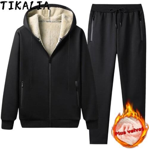 Men Tracksuit Winter 2 Piece Set Fur Lined Thicken Warm Tracksuit Men Jogging Suit Fleece Lined Men Sports Wear Running Clothes