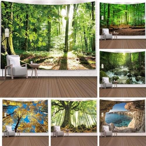 Natural Landscape Forest Tapestry Hanging Landscape Waterfall Jungle Mountain Ocean Landscape Scenery Cloth Home Room Decor