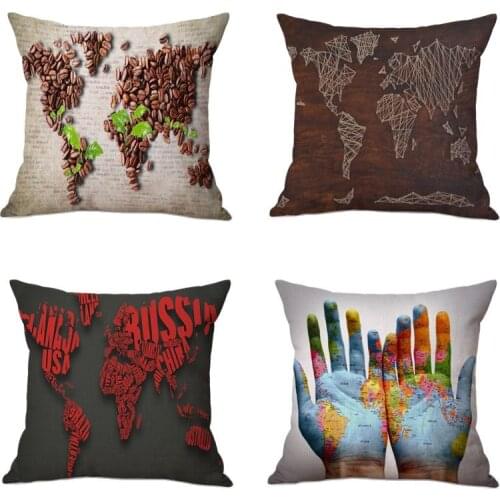 Coffee Beans World Map Cushion Cover Digital Map Cushion Cover Square Support Creative Hand-Painted Pillow Cover Wedding Pillows