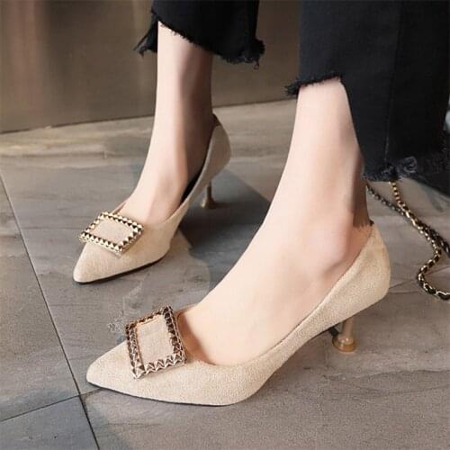 Ol Office Lady Shoes Pointed Toe High Heels Square Metal Pumps Faux Suede Womens Shoes Large Size Dress Shoes Thick Heels 7308G