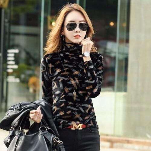 Autumn Winter T Shirt Women Gold Velvet Turtleneck Long Sleeve T-shirt Casual Womens T-shirt Top Blusa
