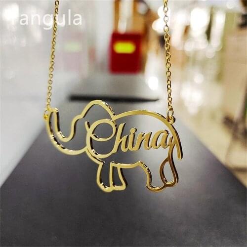 Tangula Custom Stainless Steel Name Necklace Valentines Day Gift Elephant Pendant Lady Gothic Jewelry Collares De Moda