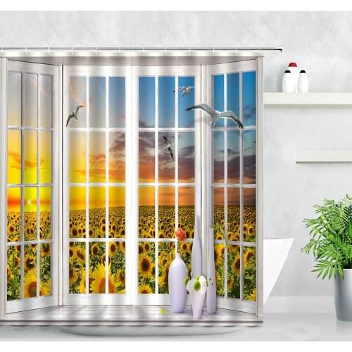 Creative Window Yellow Sunflower Background Decor Cloth Shower Curtains Flowers Plant Rural Scenery Modern Home Bathroom Curtain