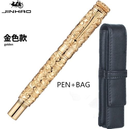 Jinhao Vintage Luxurious Metal Fountain Pen Dragon Cloud Heavy Big Pen Medium Nib Golden Color Carving Embossing Collection Gift