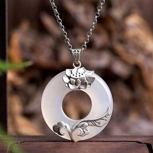 S925 pure silver inlay chalcedony lotus throne peace clasp pendant high-grade joker female model