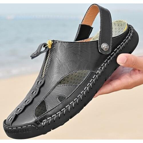Mens Sandals Leather Beach Shoes Outdoor Summer Sport Slip on Sandals Comfort Breathable Fashion Slippers Handmade Big Size