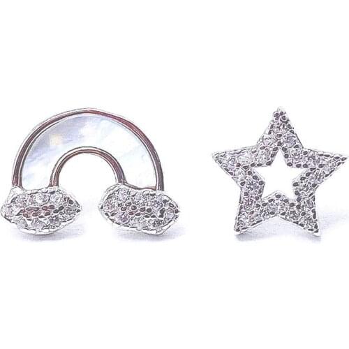 Pure 100% Sterling Silver 925 Earring Asymmetrical Rainbow Star Shell Pearl Earrings Female Trend INS Diammond Earrings Jewelry