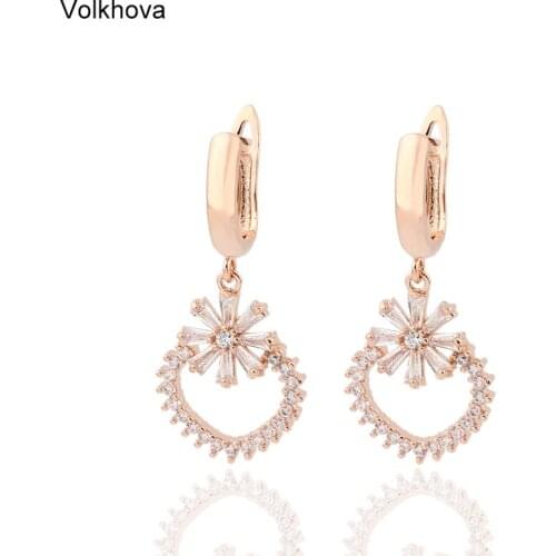 Volkhova Love Monologue Everlasting White Cubic Zirconia Yellow Gold Color Flowers Drop Earrings