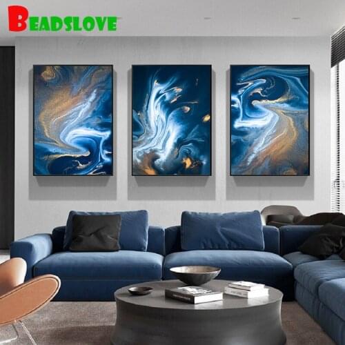 Triptych Diamond Embroidery Abstract Golden Blue Wave Cross Stitch DIY Diamond Painting full Diamond Mosaic Decor New Year Gift