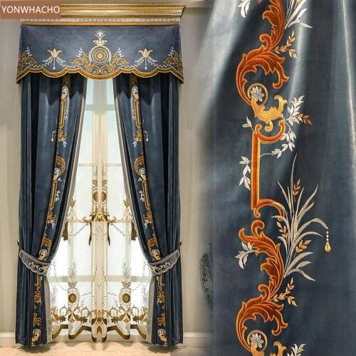 Custom curtains New high-quality European embroidered thick velvet room blue cloth blackout curtain valance tulle panel C023