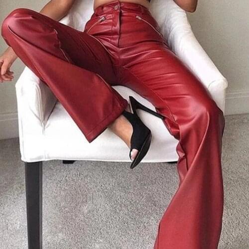 Zipper Pu Leather Womens Pants Autumn Black High Waist Pant Sexy Fashion Streetwear Loose Female Trousers