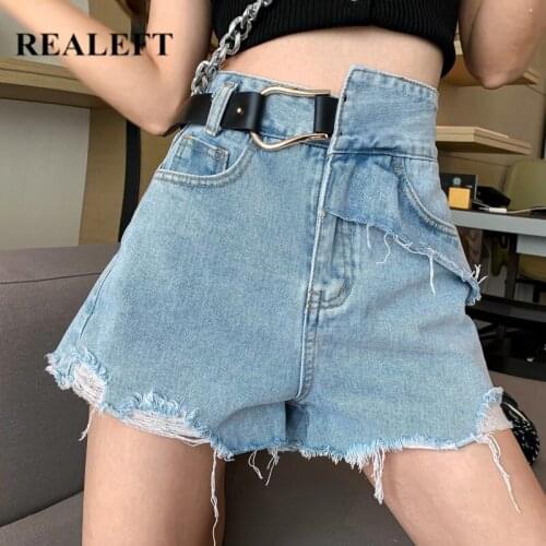 REALEFT Summer 2021 New Womens Denim Shorts Blue Casual Loose Jeans Pocket Button Irregular Female Chic Tassel Shorts Lady