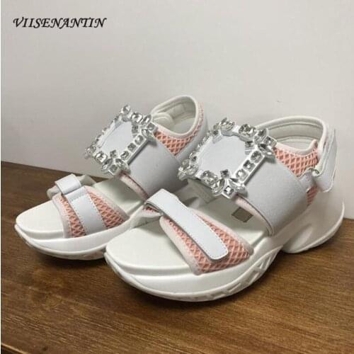 Summer new style rhinestone square buckle sandals female velcro leather thick bottom wedges sports platform shoes INS tide