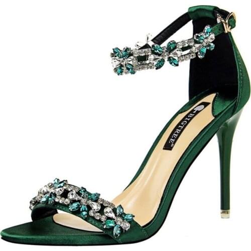 Women Ankle Strap Bridal Heel Shoes High Stilettos Heels Wedding Party Sandals Rhinestones Crystal Shoes 5Colors Ladies New 2021