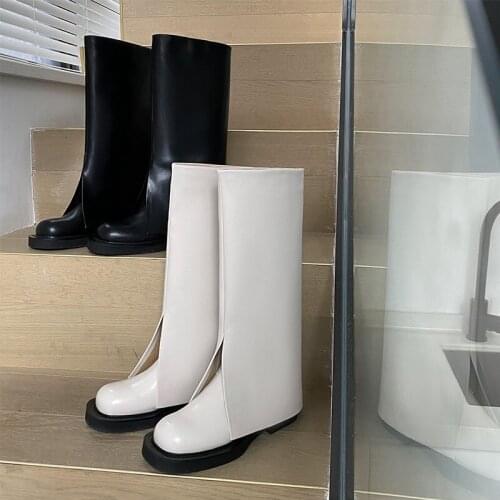 Womens High Boots Round Toe Leather And PU Woman Boots Brand Design Zip Women Shoe European Style Trouser Boots botas femininas