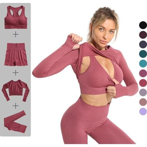 2PCS Seamless Women Yoga Set Workout Sportswear Gym Clothes Fitness Crop Top High Waist Long Sleeve Leggings Sports Suit 2021