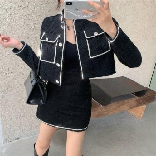 Suits Short Stand-Up Collar Korean Temperament Autumn New White Tweed Jacket + A-Line Skirt Women Two Piece Sets