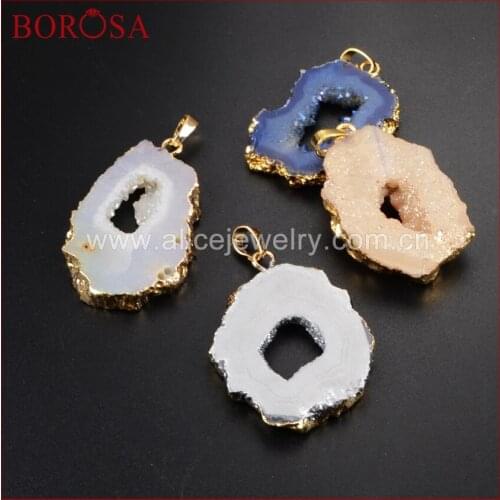 BOROSA Wholesale Fashion Drusy Pendant Beads for Necklace, Gold color Freeform Mix Color Titanium Crystal Druzy Pendant G1189