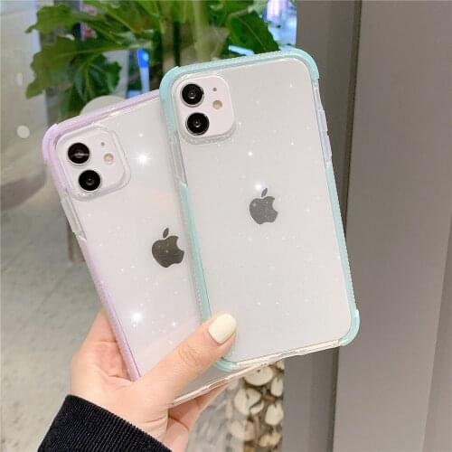 Cute Glitter Purple Pink Transparent Phone Case For iPhone 12 11 Pro XS MAX XR X 7 8 Plus SE 2020 Soft TPU Anti-Drop Back Cover