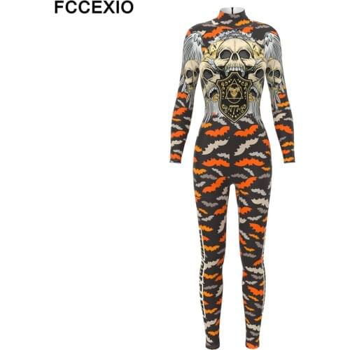 FCCEXIO Halloween Party Cosplay Costumes Women Skeleton Bats Print Catsuits Adult Fashion Gothic Bodysuits One-piece Clothing