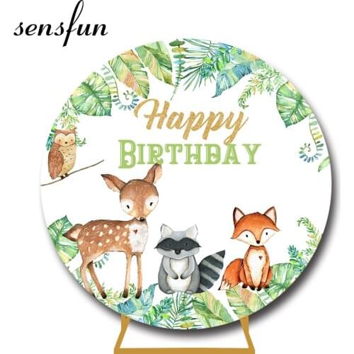 Woodland Baby Shower Round Backdrop Cover Green Leaves Animals Birthday Safari Jungle Party Circle Photography Background Custom