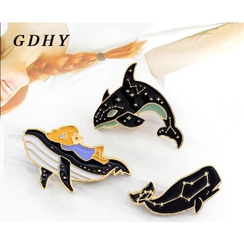 GDHY Whale Blue Whale Shark Cartoon Brooch Animal Fish Alloy Enamel Pin Button Jacket Coat Collar Badge For Kids Jewelry