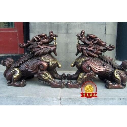 China Bronze Copper Feng Shui Avoid Evil Foo Dog Lion Brave troops Chi-lin Pair