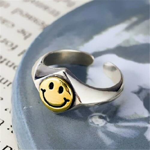 Luxury Ancient Silver Color Round Happy Smiling Face Open Ring For Women Simple Cute Geometric Smile Faces Adjustable Rings A911