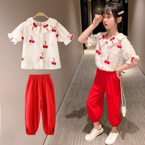 Spring Summer Clothes for Girls Suits Cherry Embroidery Tops and Harem Pants Fashion Kids 2 Piece Outfit Children Clothing Sets