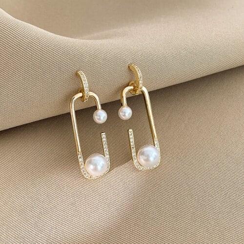 2021 New Arrival Vintage Simulated-pearl Geometric Dangle Earrings For Women Fashion Crystal Pendant Jewelry