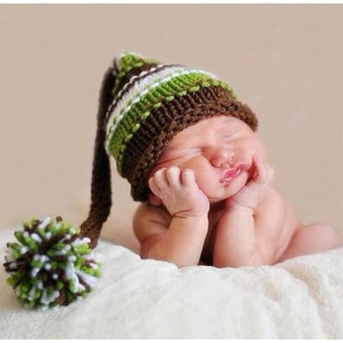 Newborn props for photography baby pom pom hat with long tail knitted striped newborn beanie baby photo accessories infant cap