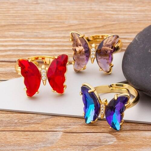 Top Quality Fashion Opening Rings Colorful Cubic Zirconia Butterfly Finger Wedding Rings Luxury Crystal Charm Jewelry For Women