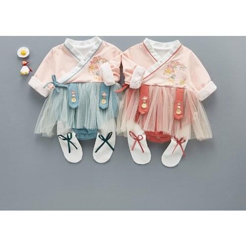 Spring Newborn Baby Girl Kid Chinese Style Cotton Romper Long Sleeves Jumpsuit Autumn Winter Embroidery Clothes 0-18M