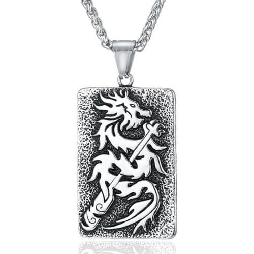 Stainless Steel Vintage Rectangle Dragon Pendant Necklace Punk Jewelry Gift For Him with Chain