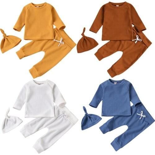 FOCUSNORM Newborn Baby Girls Boys Sleepwear Sets 3pcs Solid Pullover Long Sleeve Tops Pants Hats Causal Autumn Homewear 0-24M