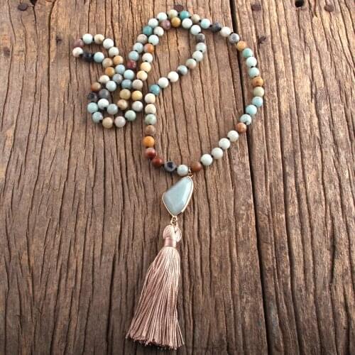 RH Fashion Bohemian Jewelry Stones Knotted Stone Links Tassel Necklaces For Women Boho Jewelryes Women Lariat Necklace