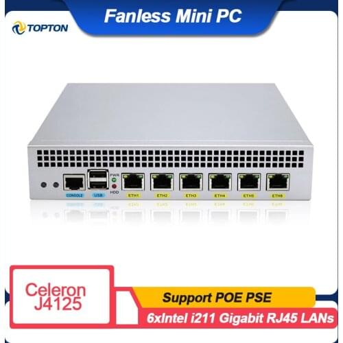 POE PSE Fanless Router 6 Intel Gigabit LAN Celeron J4125 Quad Core Mini PC Pfsense Mikrotik VPN Security Firewall ESXI AES-NI